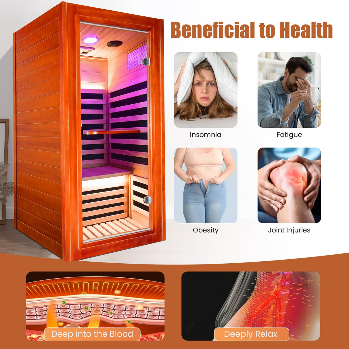 Infrared Sauna for Home Indoor Sauna Wooden Dry Sauna Room Low EMF 1020W for 1 Person with Control Panel, Bluetooth Speaker, Reading Lamp ToTibuy