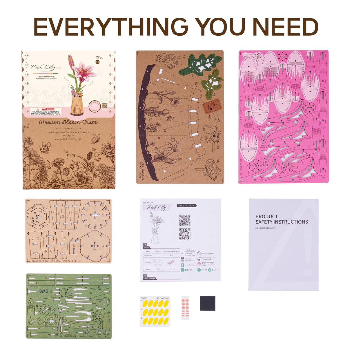 ROBOTIME 3D Puzzle Wooden Flower Pink Lily DIY Model Kit to Build for Adults Artifical Bouquet Collection Craft Brain Teaser Puzzle Creative Gift Home Decor ROBOTIME