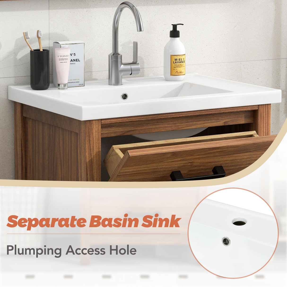 Merax 24 Inch Bathroom Vanity with Sink,Mid Century Modern Bathroom Vanity with 2 Deep Drawer & Tip-Out Tray,Ceramic Sink with Integrated Countertop,Solid Wood Frame,Wood Grain Finish Merax