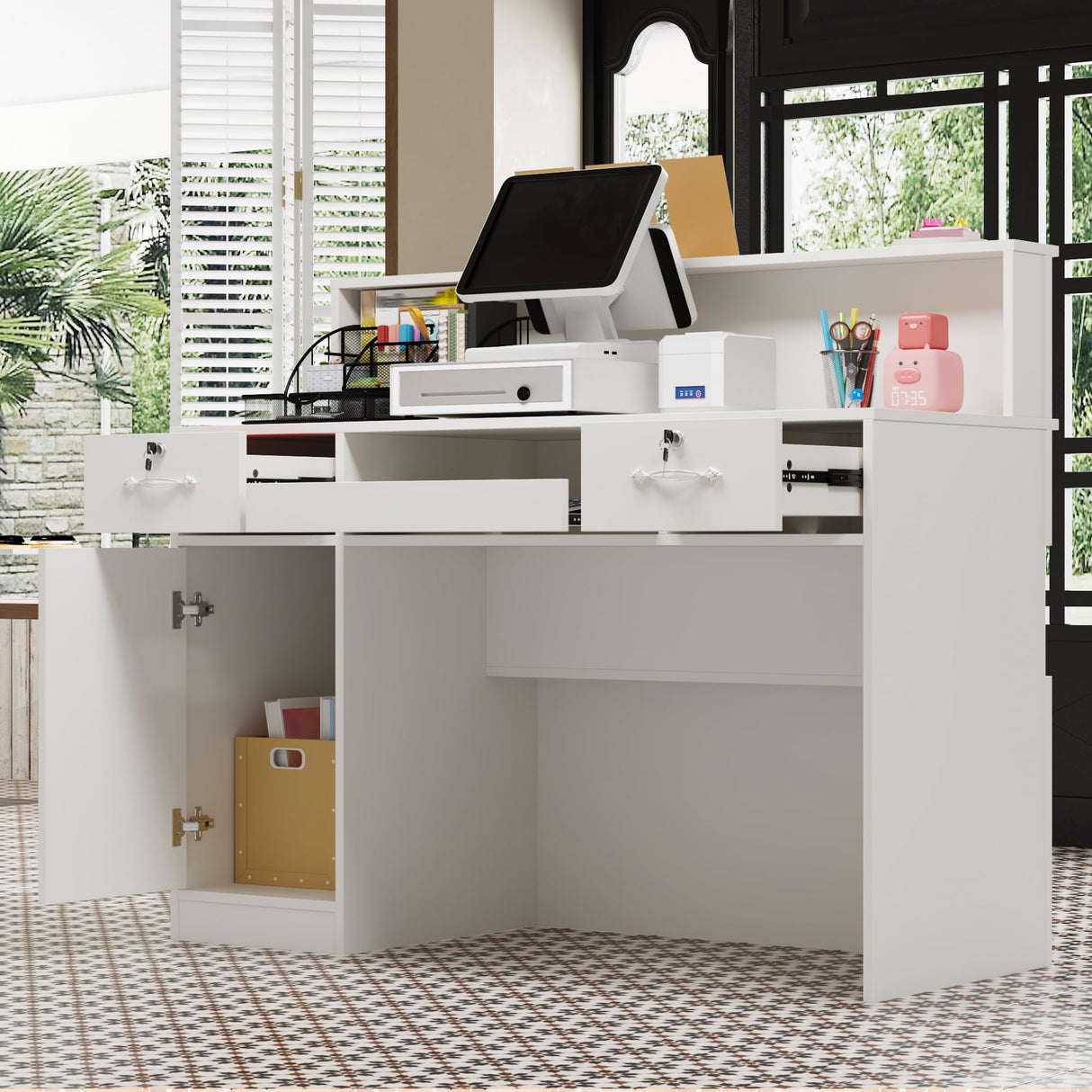 AGOTENI 47.2" W Reception Desk Front Desk with Counter, Light & Lockable Drawers, Modern Retail Checkout Counter with Keyboard Tray & Side Cabinet for Lobby Store Salon, White AGOTENI