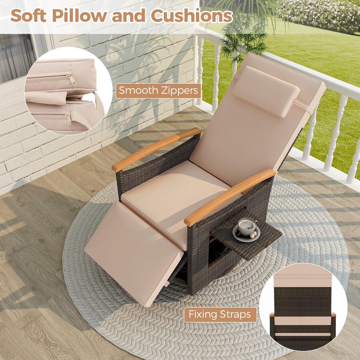 HAPPYGRILL Outdoor Swivel Rattan Recliner Chairs Set of 2, 360° Patio Wicker Chaise Lounge Chair with Adjustable Backrest & Footrest, Flip Side Table for Outside Porch, Poolside & Backyard (Beige) HAPPYGRILL