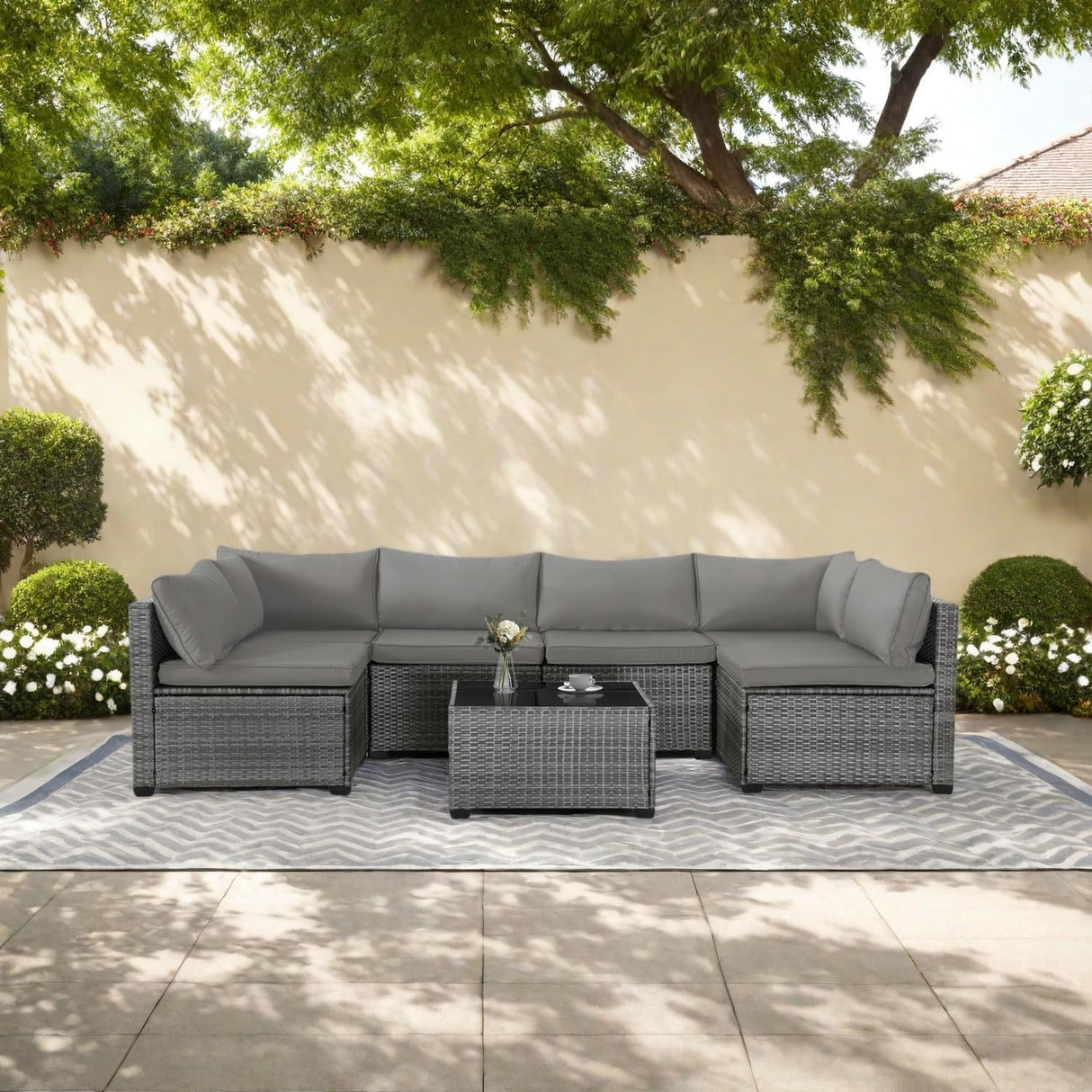 XTWEEX 7-Piece Modular Outdoor Sectional Wicker Patio Conversation Set with Glass-Top Coffee Table, All-Weather Rattan and Cushion Fabric – Gray/Gray XTWEEX