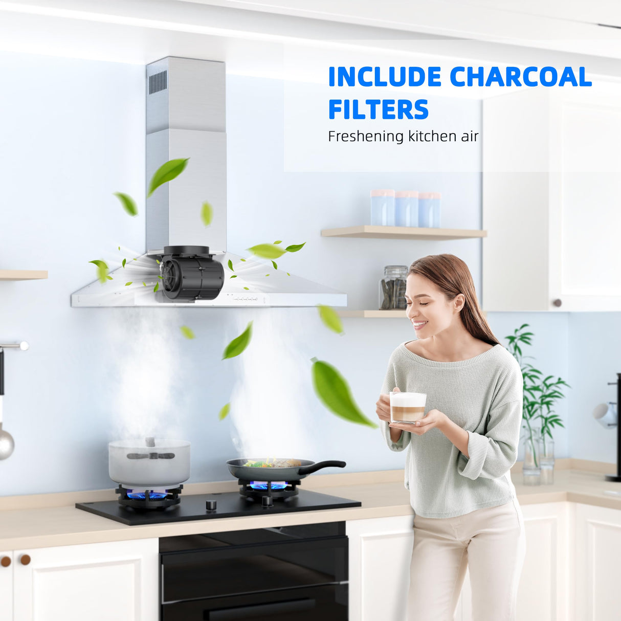 FIREGAS Range Hood 30 Inch, Stainless Steel Wall Mount Kitchen Hood 450 CFM with 3 Speed Exhaust Fan, Ducted/Ductless Convertible, Stove Vent Hood for Kitchen with Aluminium Mesh and Charcoal Filters FIREGAS