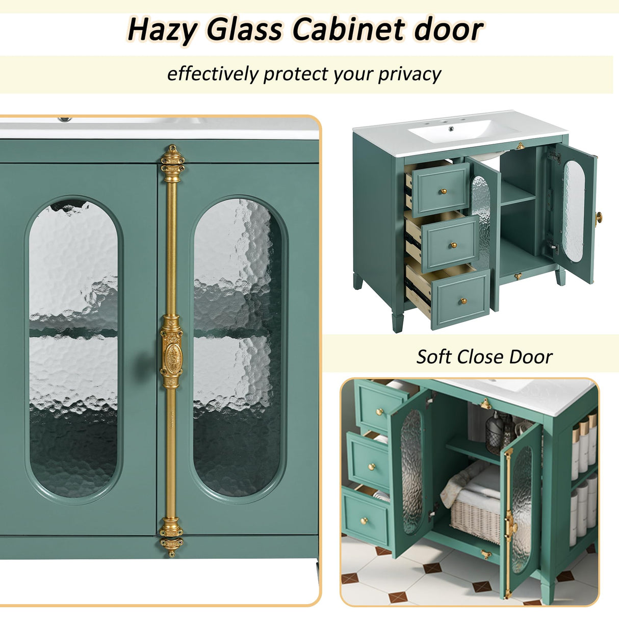 LUMISOL 36 Inch Bathroom Vanity with Sink, Free Standing Bathroom Sink Cabinet with 3 Drawers, 2 Glass Door & Side Storage, Vintage Bathroom Vanities with Ceramic Sink, Solid Wood Frame, Green LUMISOL