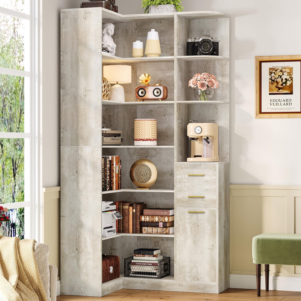 IRONCK Corner Bookshelf, 76" Tall Corner Bookshelves, 6 Tiers L-Shaped Bookcase with 10 Open Shelves and 2 Storage Drawers for Living Room or Home Office IRONCK