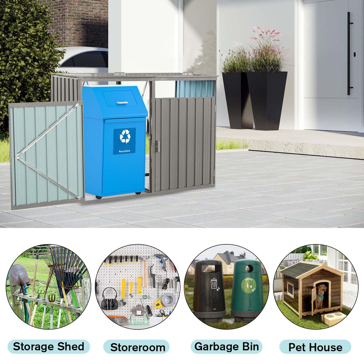 Outdoor Garbage Bin Storage Shed, Steel Trash Can Storage with Lockable Doors & Lids for 2 Trash Cans, Metal Garbage Can Hider for Outside Garden Yard Backyard Patio (2 Trash Can+Grey) YskdhfczQ