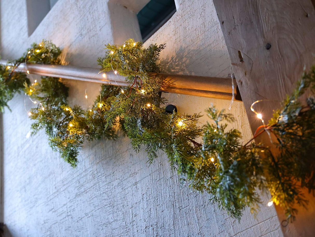 6FT Christmas Garland PARTY JOY Cedar Garland with 9.8FT LED Lights String, Greenery Plant for Christmas Decorations Table Mantle Background Wall Room Outdoor Indoor Winter Decoration PARTY JOY