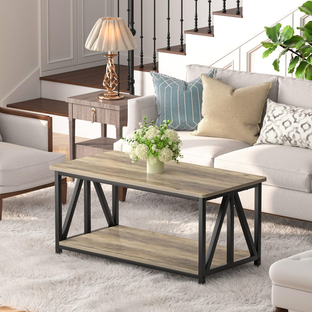 SOROGRA Coffee Table for Living Room with Round Corners, 2 Tier Modern Farmhouse Center Tables with Storage Shelf, 39 Inch Small Table for Sofa Home Office, Grey Wash SOROGRA