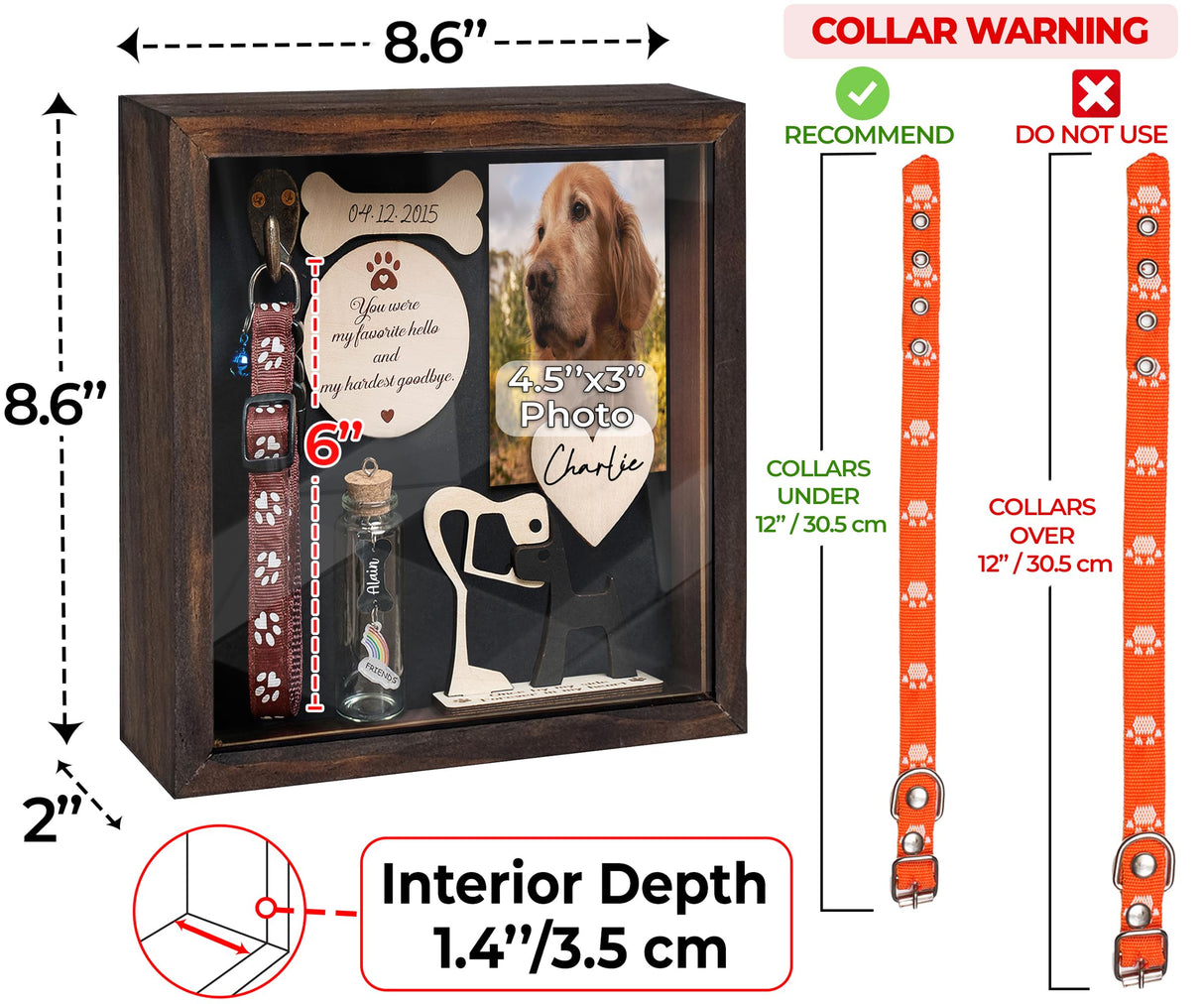 vinatimes 8.6'' Pet Shadow Box Memorial Gift Rustic Collar Holder Picture Frame Paw Print Kit Dog Wooden Sculpture Pet Ashes Fur Jar Rainbow Sympathy Gift for Pet Lover Tabletop Wall Hanging PSD-4R vinatimes