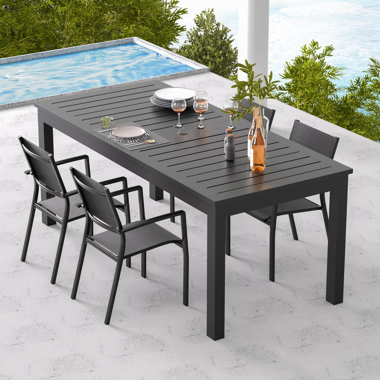 RoyalCraft Patio Expandable Table Dining Set for 4 to 10, Aluminum Outdoor Dining Table, Rectangular Patio Metal Table with Umbrella Hole for Backyard Porch, Deck ? Garden, Easy Assembly, Dark Grey RoyalCraft