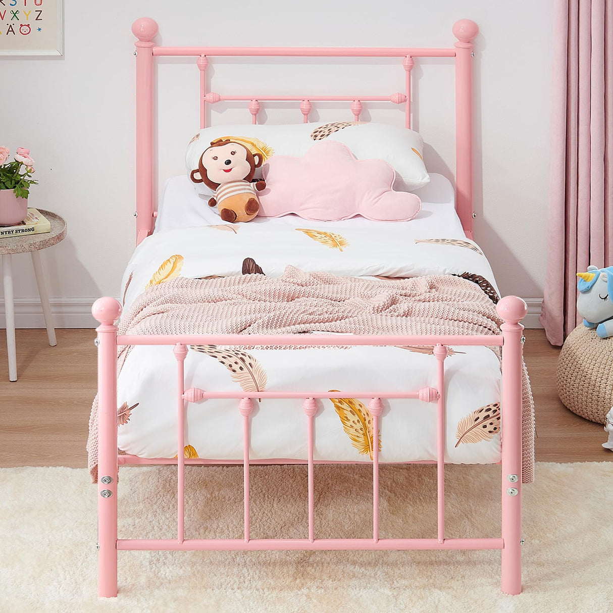 VECELO Twin Size Metal Platform Bed Frame with Headboard and Footboard, Heavy Duty Slat Support/No Box Spring Needed Mattress Foundation/Underbed Storage Space, Victorian Style VECELO