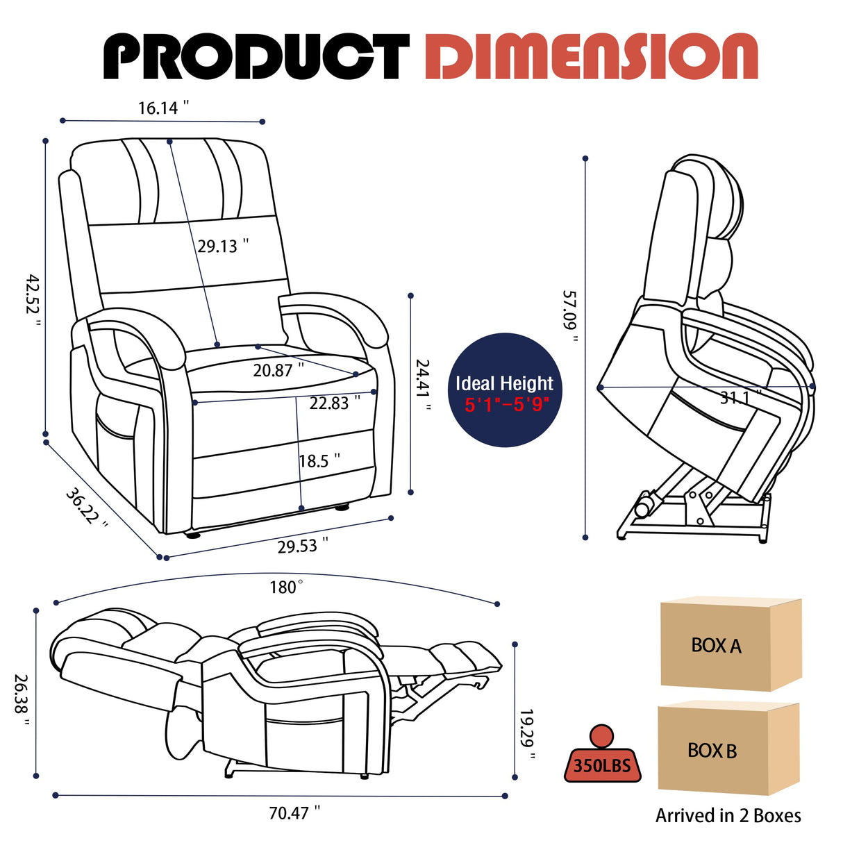 Power Lift Recliner Chair for Elderly People, Dual Motor Lift Chair with Vibration Massage and Heat, Lay Flat Recliner with Solid Wood Armrest, Standing Assistance Reclining, Chenille Fabric Black EZZUP