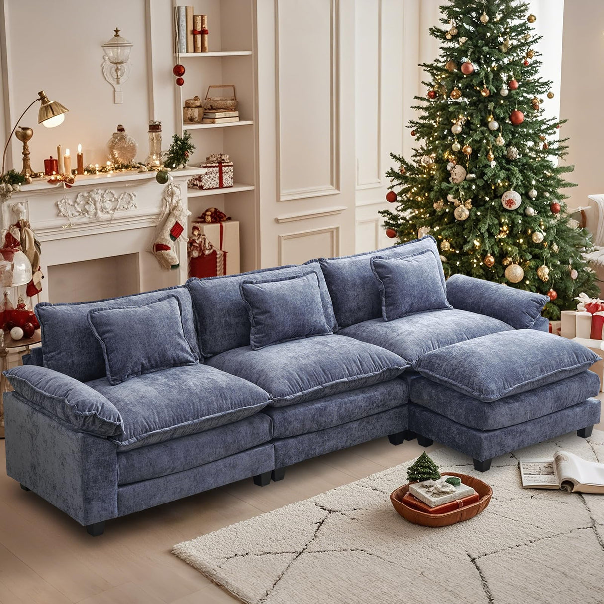 OQQOEE Sectional Sofa Modular Cloud Couch Upholstered Deep Seat Cloud Sofas with Ottoman Comfy Chenille Sofa Sleeper for Living Room,Apartment (Blue, L Shaped-3 Seat & Ottoman) OQQOEE