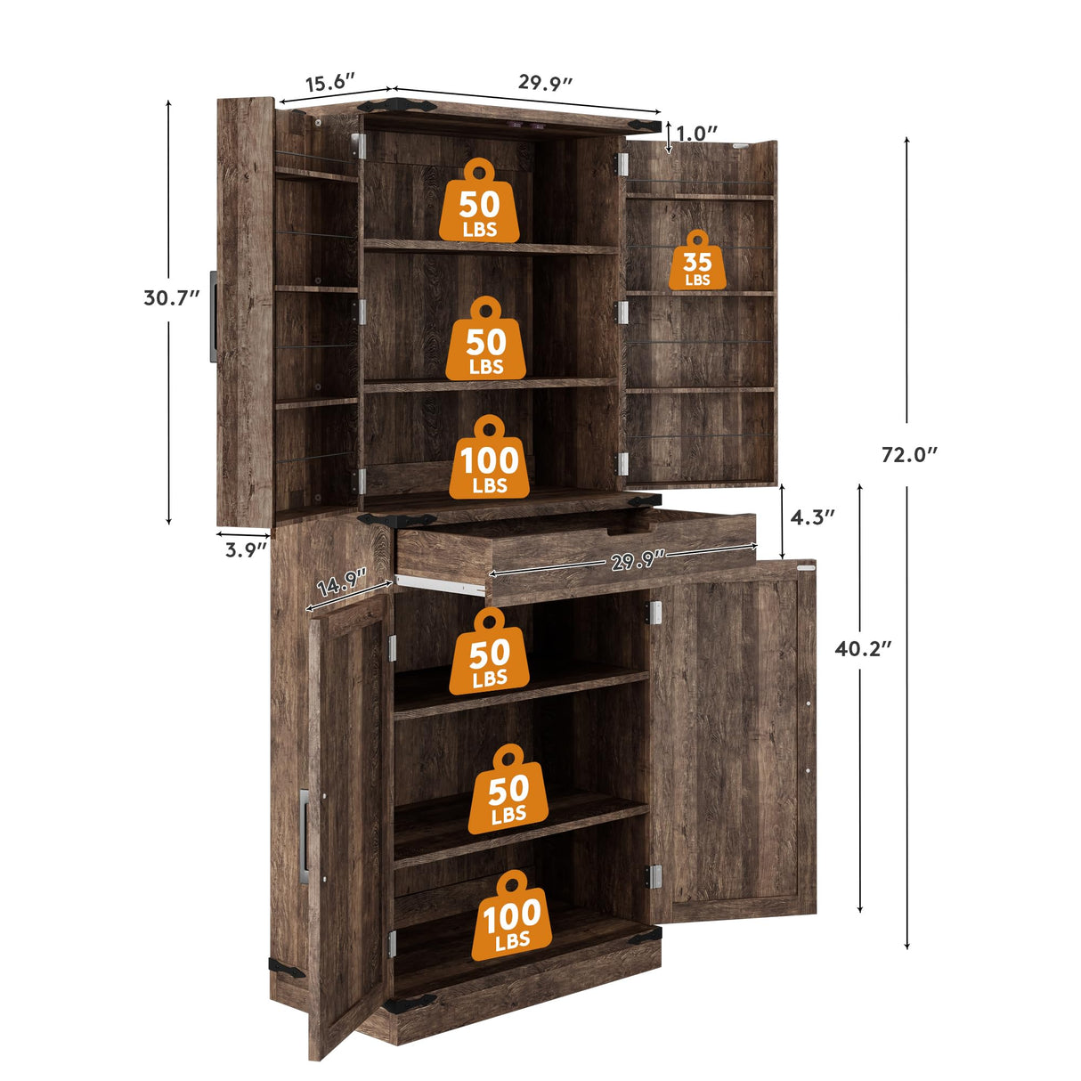 GRUSIGN 72" Tall Storage Cabinet, Kitchen Pantry Cabinet with Adjustable Shelves & Sturdy Steel Frame, Farmhouse Pantry Storage with 4 Barn Doors for Kitchen, Dining Room, and Living Room, Dark Grey GRUSIGN