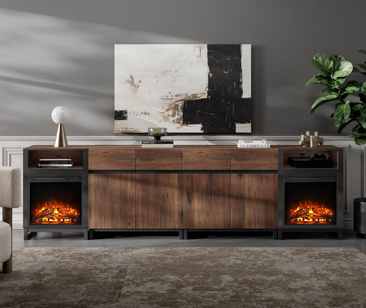 WAMPAT Fireplace TV Stand for TVs up to 110 inch, 4 in 1 Modern Entertainment Center with LED Lights & Adjustable Shelf, TV Console for Living Room,Brown WAMPAT