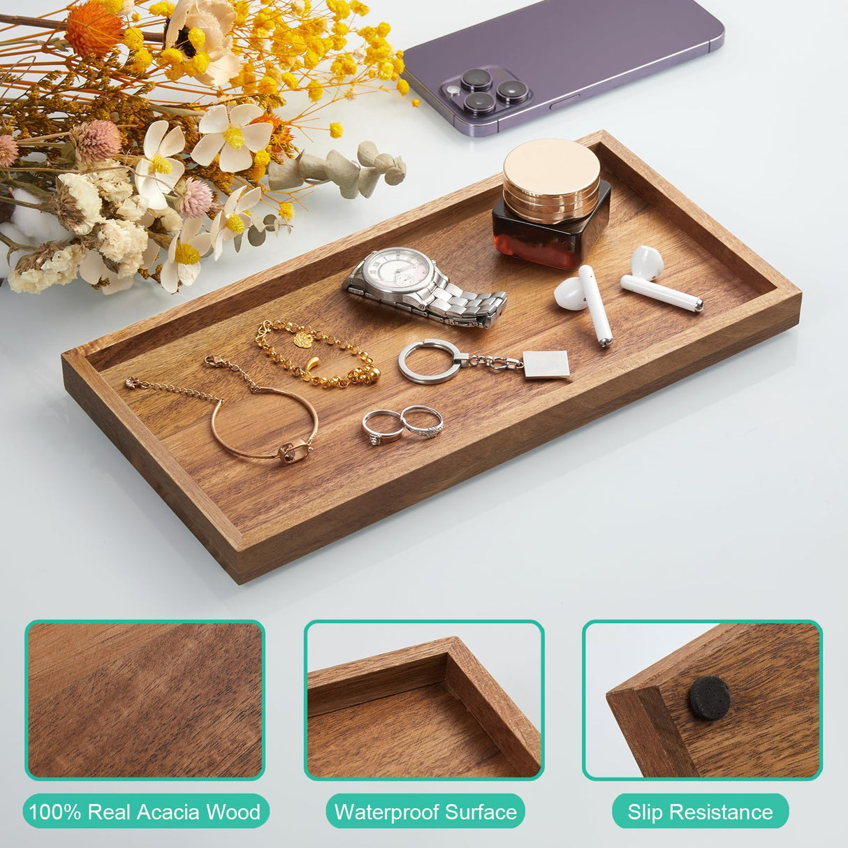 ALELION 11.7" Bathroom Vanity Tray for Counter - Acacia Wood Decorative Tray for Toilet Tank Makeup Perfume Jewelry Catchall Coffee Table - Wooden Kitchen Countertop Organizer for Soap Dispenser ALELION