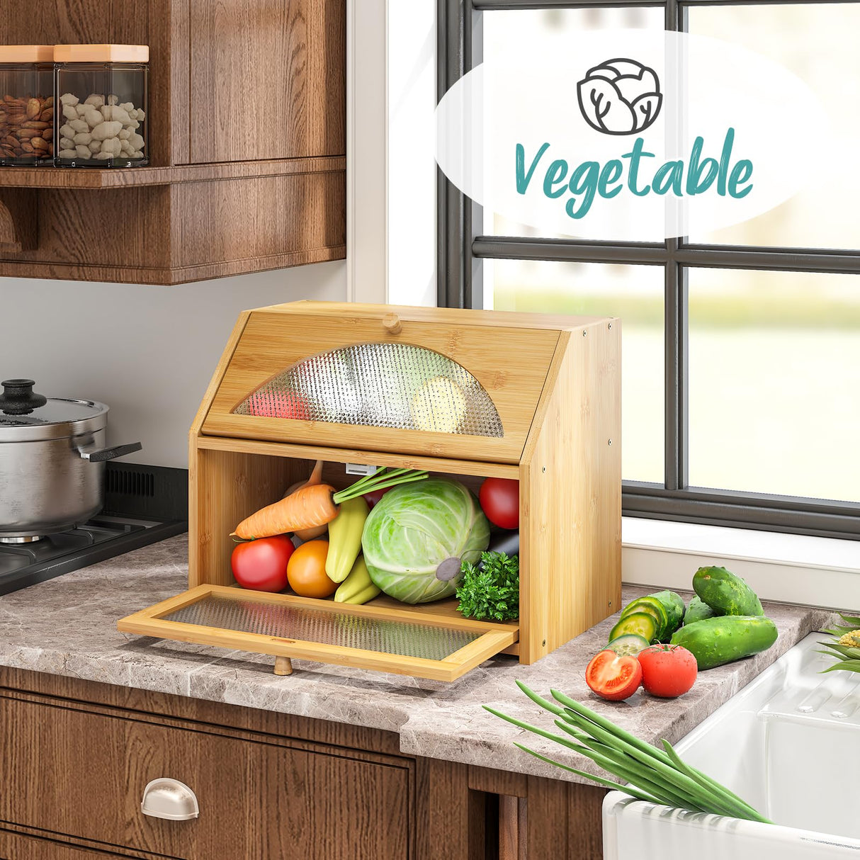 Vriccc Large Bread Box, Bamboo Wood Bread Box for Kitchen Counter, Double-layer Bread Storage Bin, Acrylic glass with Diamond Patterns Vriccc