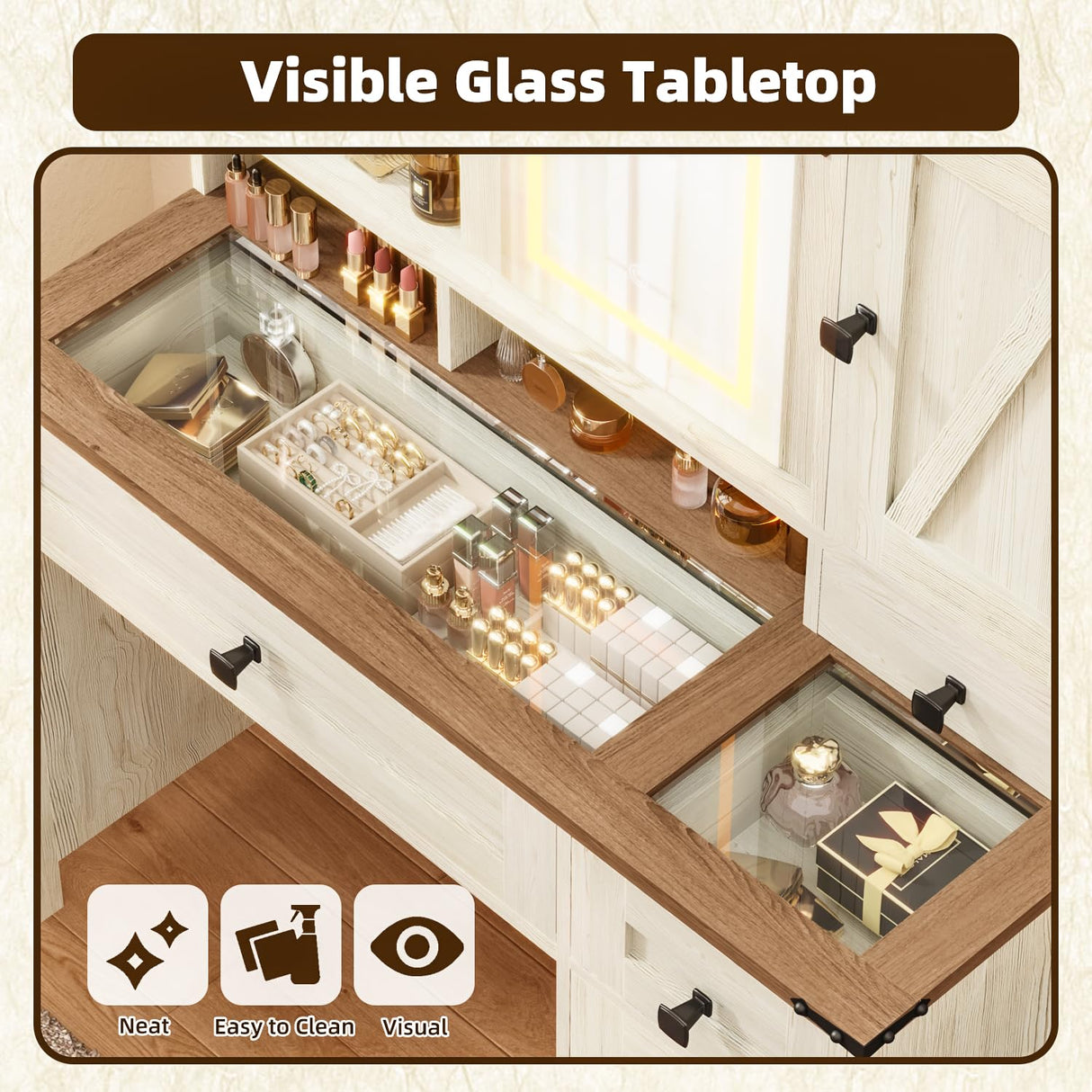 EROMMY 42" Farmhouse Makeup Vanity Desk with Lighted Mirror & Power Strips, Vanity Table with Sliding Barn Door, Open & Hidden Shelves, Drawers, Jewelry Cabinet, White Dressing Table, Light Adjustable EROMMY