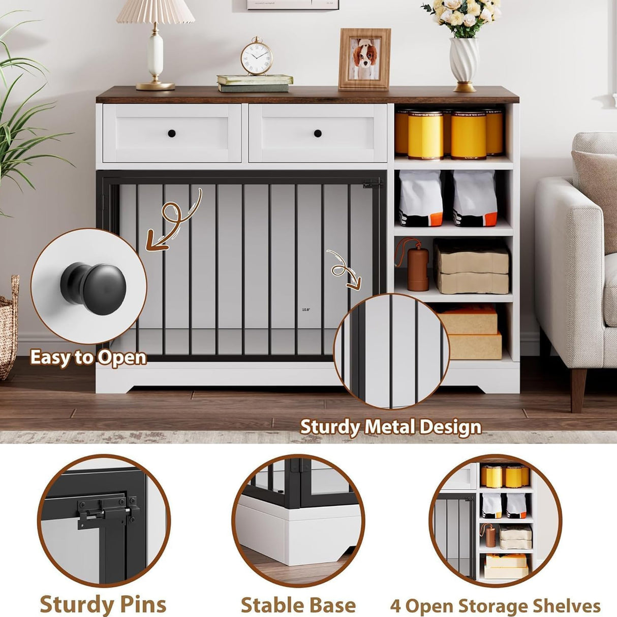 Dog Crate Furniture 47”, Large Dog Crate TV Stand with 2 Drawers and 4 Shelves, Wooden Dog Kennel Indoor, Decorative Dog Cage with Storage for Large Dogs, White GarveeHome