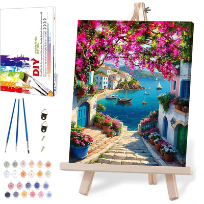 MIRCVSH Scenery Paint by Numbers Kit for Adults,Framed Landscape Paint by Number Kits on Canvas with Brushes,Flowers and Sea Oil Painting Kits with Wooden Easel for Home Wall Decor 12X16 Inch.