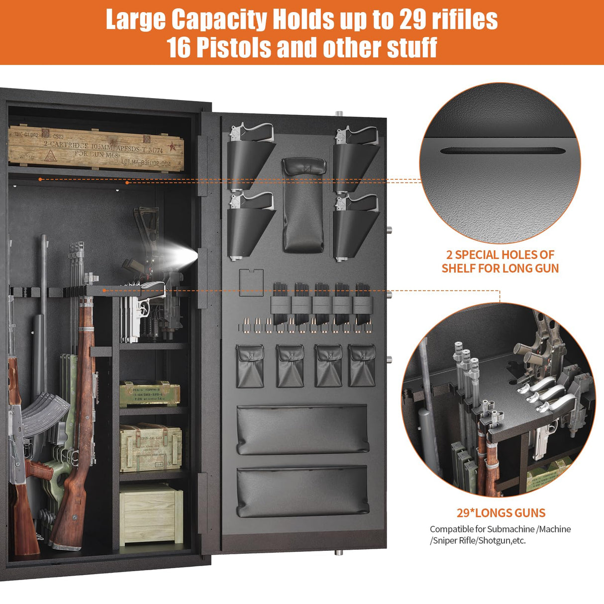 Updated Large Rifle Safe, 30-40 Gun Safe for Rifle and Shotgun/Rifle Pistol Rack/Storage Pocket/Removable Shelf/Silent Mode/External Battery/LED,180° Open Door Panel Organizer Gun Cabinet Unassembled TTSITG