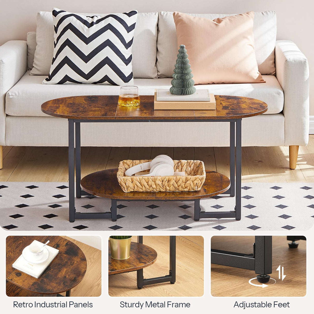 HOOBRO Coffee Table for Living Room, Oval Small Coffee Table with 2-Tier Open Storage Shelf, Industrial Cocktail Tea Table, Wooden Desktop Center Table, Farmhouse, Home Office, Rustic Brown BF09KF01 HOOBRO