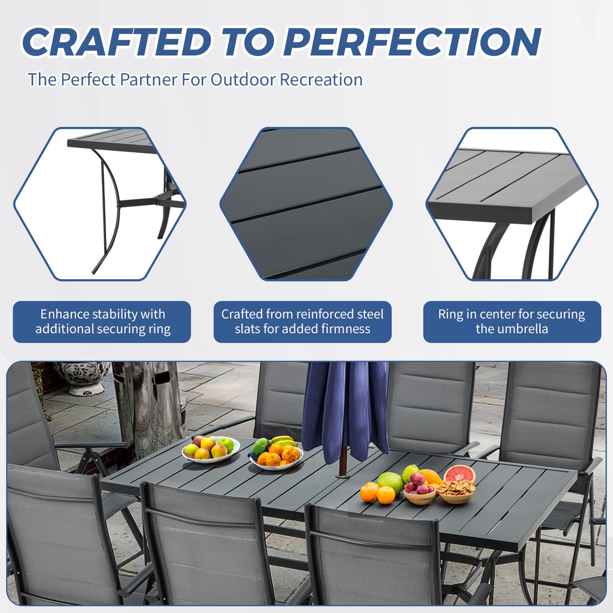 9-Piece Outdoor Dining Set - 8 Padded Aluminium Folding Chairs & Adjustable Rustproof Steel Table, Low-Maintenance Garden Furniture for Backyard, Balcony, Poolside, Includes 1.57"-1.97" Umbrella Hole BUPPLEE