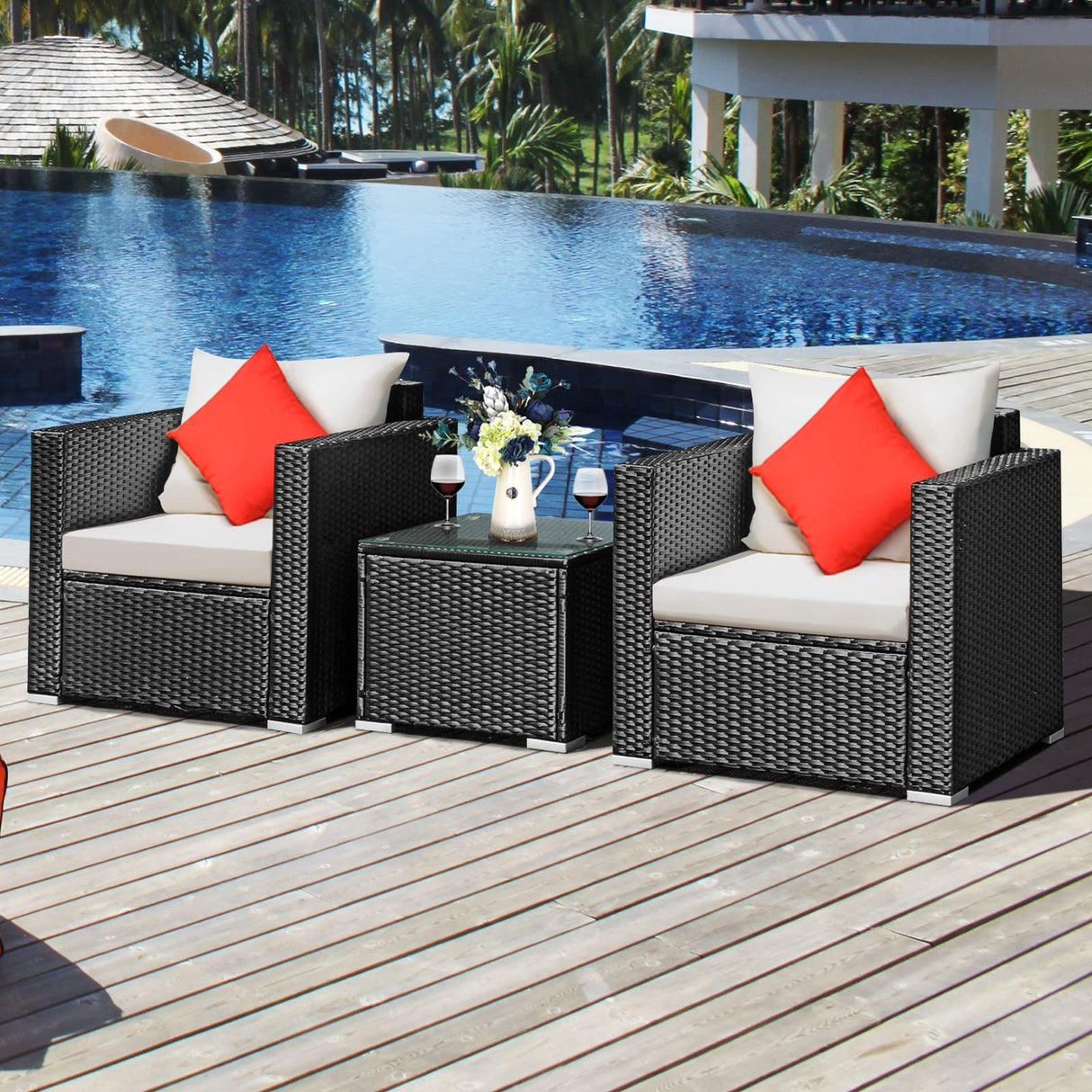 COSTWAY 3 PCS Patio Wicker Furniture Set Conversation Rattan Sofa Set w/Cushion Garden White COSTWAY