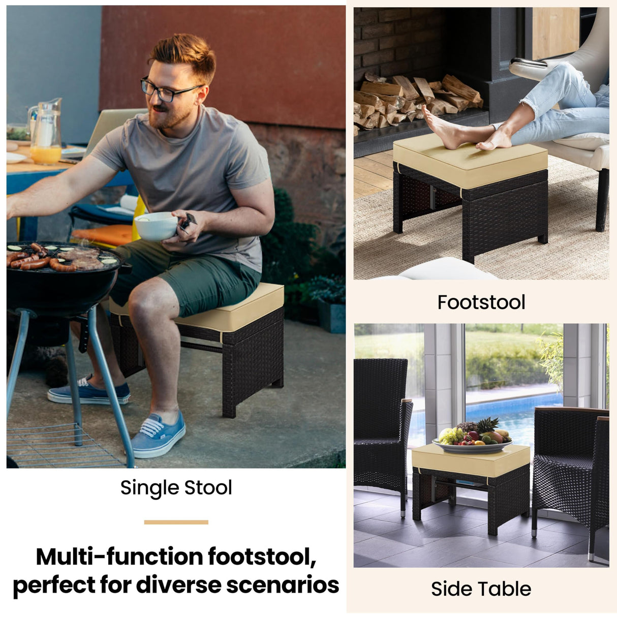 Yaheetech Wicker Ottomans, Set of 2 Footrest with Removable Cushion, 2pcs PE Rattan Side Table Additional Seating Multipurpose Outdoor Furniture for Patio, Backyard, Brown/Khaki Yaheetech