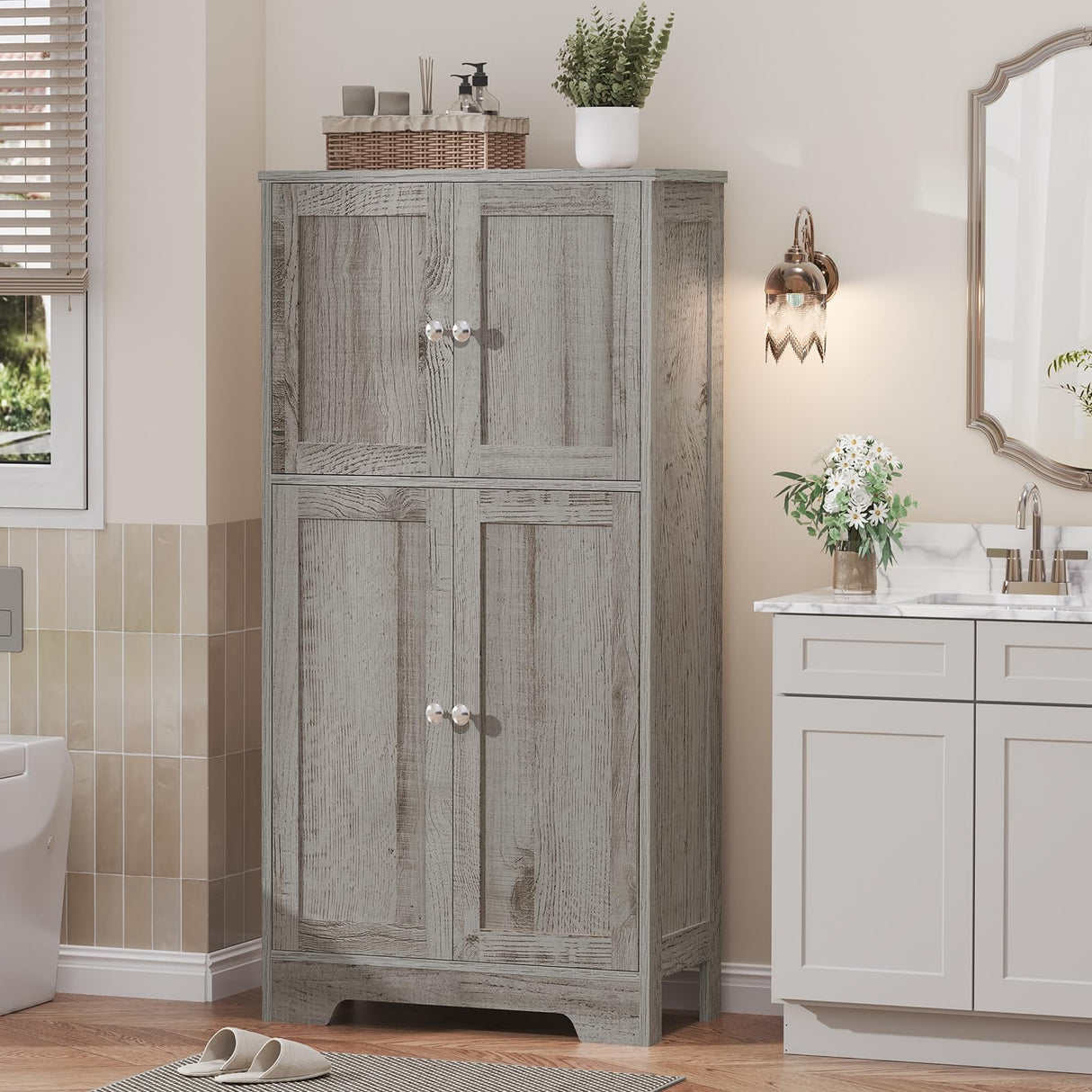 TEENFON Bathroom Floor Storage Cabinet, Freestanding Bathroom Storage Unit with 2 Adjustable Shelves & 4 Doors, 11.8 x 23.6 x 42.7 Inches, Grey TEENFON