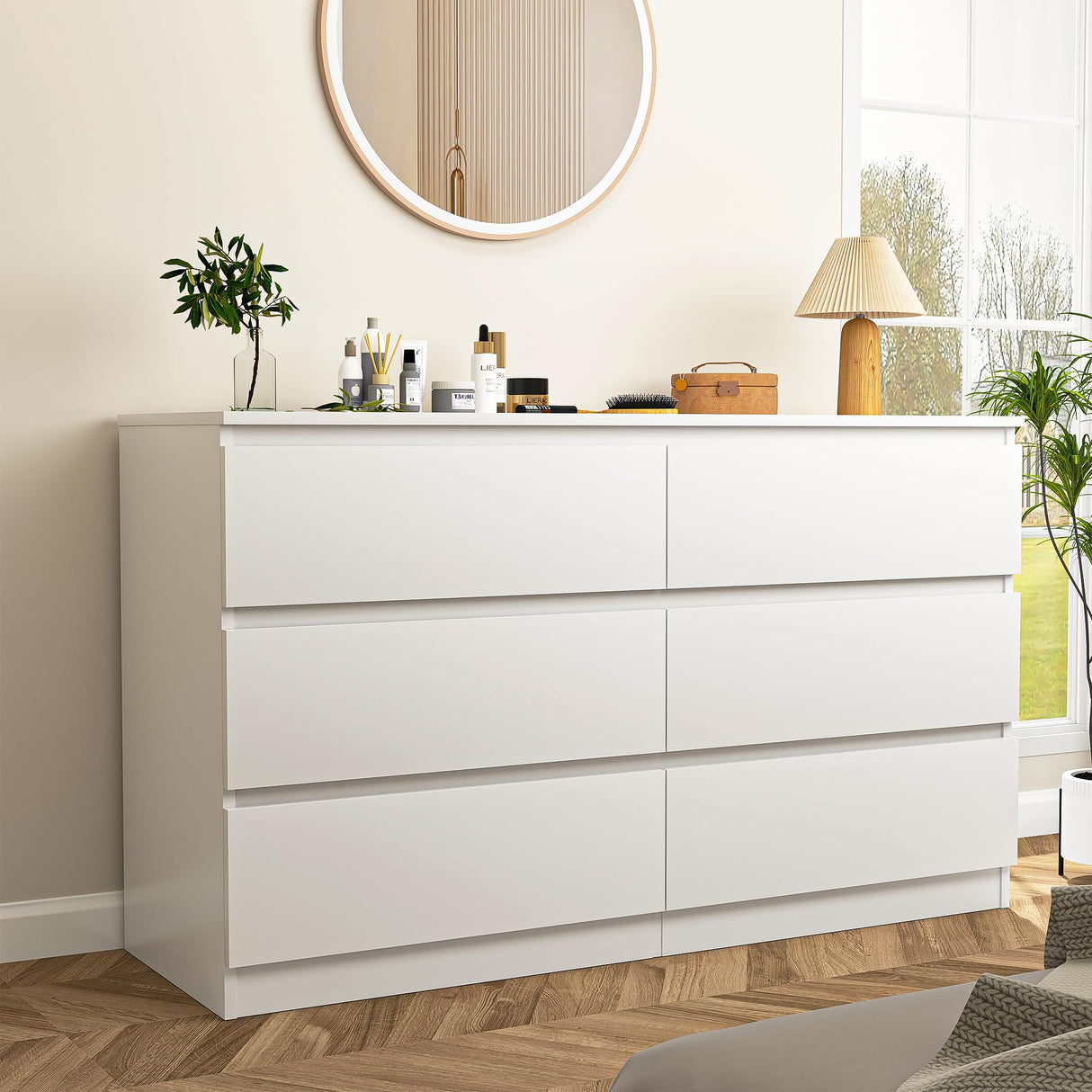 Vibe & Dine White Dresser 6 Drawer, Modern Double Dresser for Bedroom, Wood Chest of Drawers with Wide Storage for Living Room Vibe & Dine