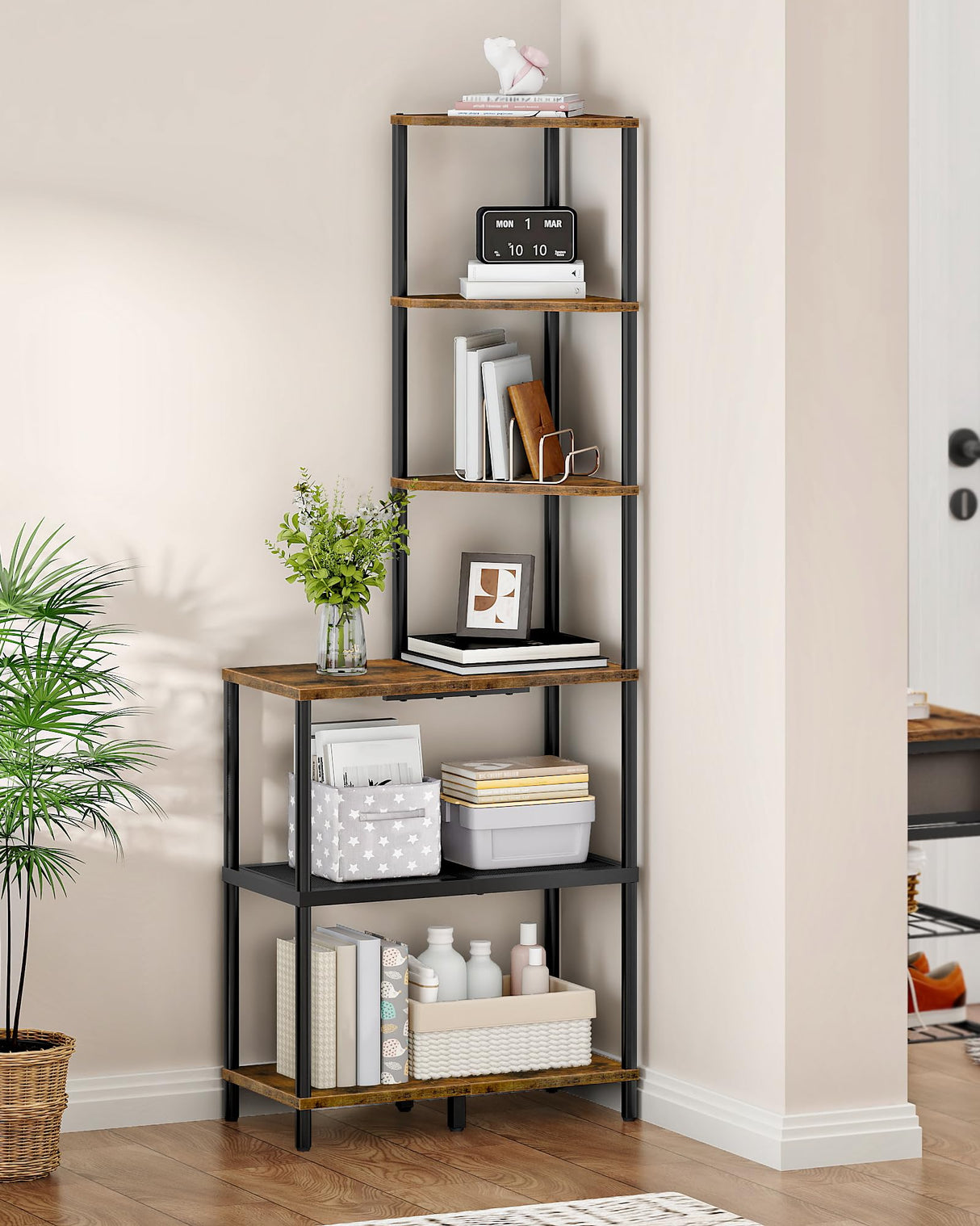 CHOEZON 6-Tier Corner Shelf, Industrial Corner Bookshelf with Desk Top, Diamond-Shaped Storage Shelves, Display Stand for Small Spaces, Living Room, Home Office, Foyer, Rustic Brown and Black TCJ70BF CHOEZON