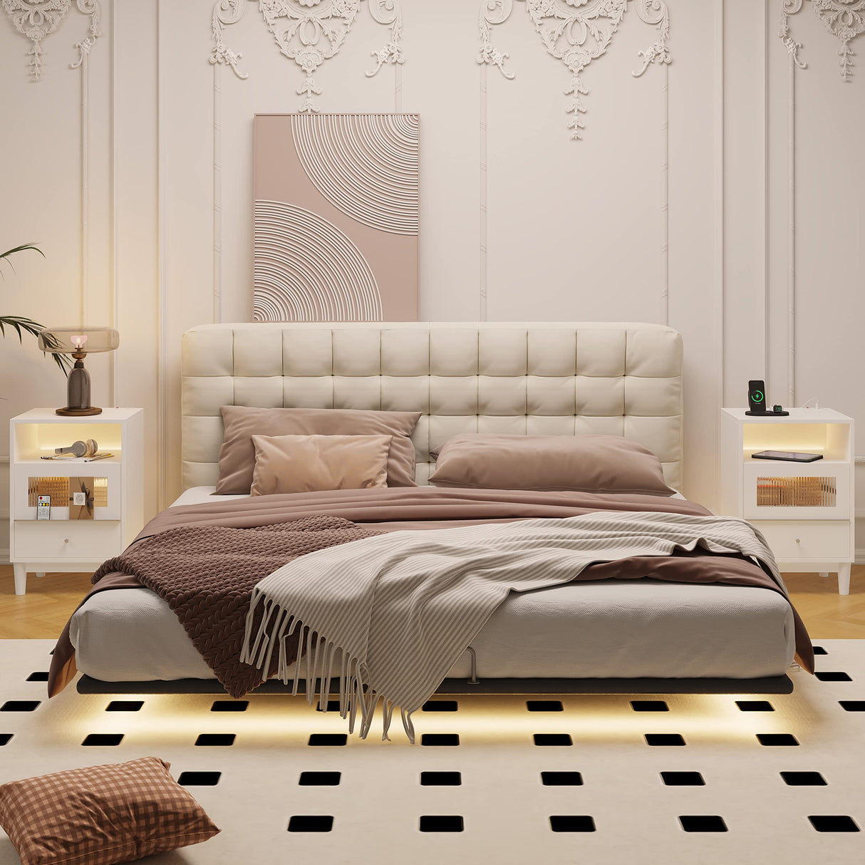 Saudism White Nightstand with Charging Station, End Table with Glass Drawers, Night Stand with LED Lights, Wood Bedside Tables for Bedroom, 15.7”×13.7”×23.8” Saudism