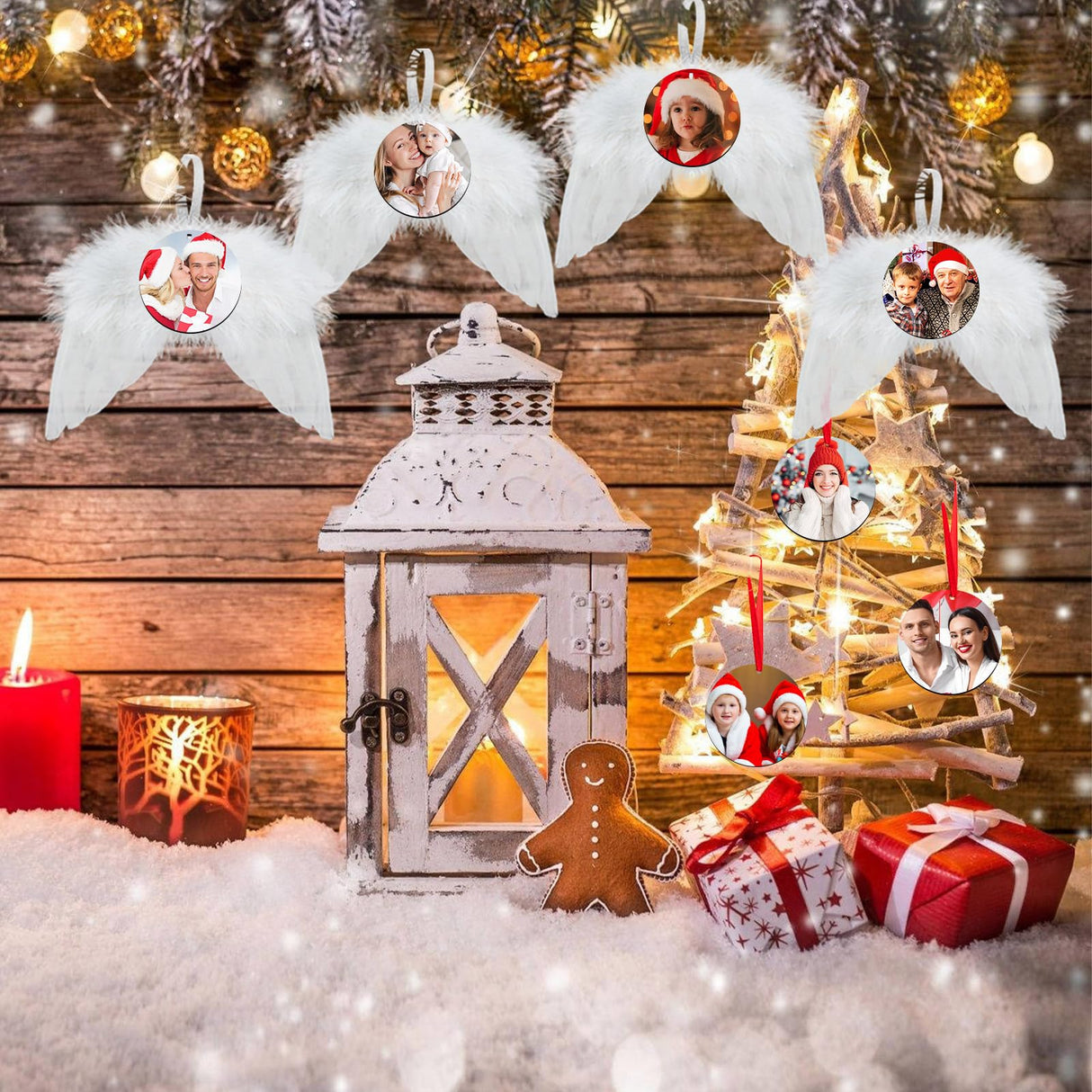 20 Pcs Christmas Angel White Wings Ornament, Angel Feather Wings Feather Hanging Decor with Round Sublimation Blank Pendants for Christmas Tree Crafts Angel Mini Wings Xmas Decor ZAUGONTW