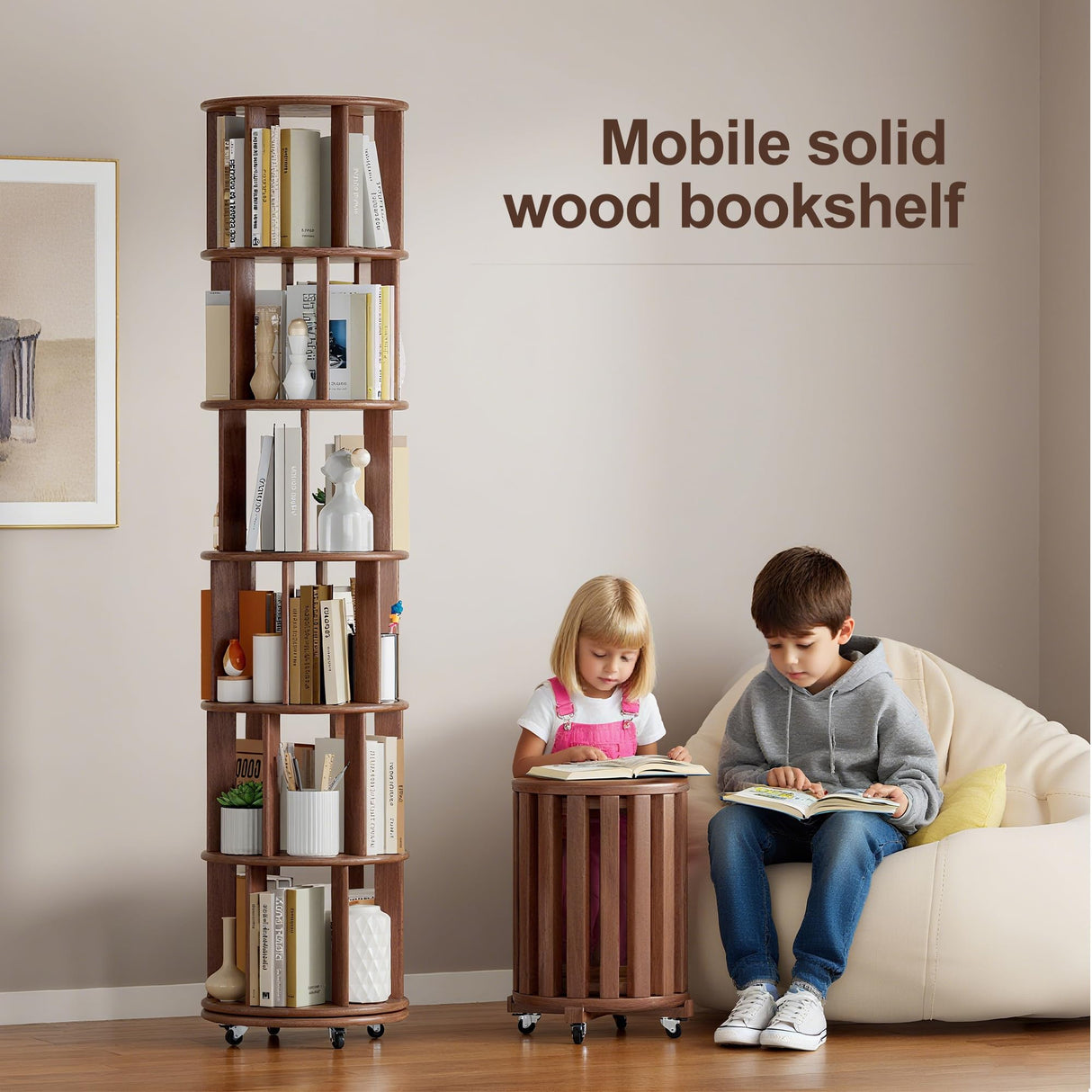VireoNest 6 Tier Rotating Bookshelf, 100% Solid Wood Revolving Bookcase with Locking Wheels, 360° Spinning Bookshelf for Kids Room, Small Spaces, Corner Shelf for Bedroom, Office, Nursery, Walnut VireoNest