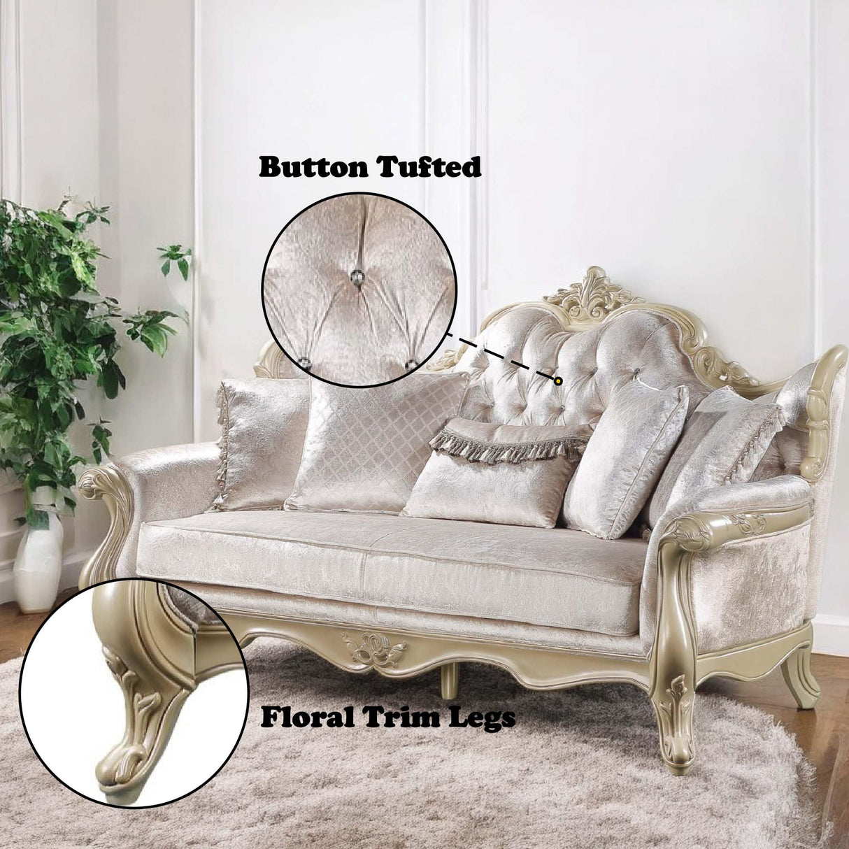 Acme Libertee Upholstered Sofa with 5 Pillows in Beige and Champagne Acme