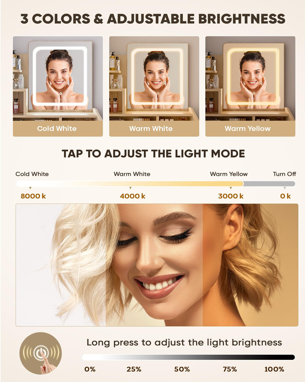 LIVELYGLOW Small Vanity Desk Set with Square Mirror and Light- Vanity Desk with Drawers- Wood LIVELYGLOW