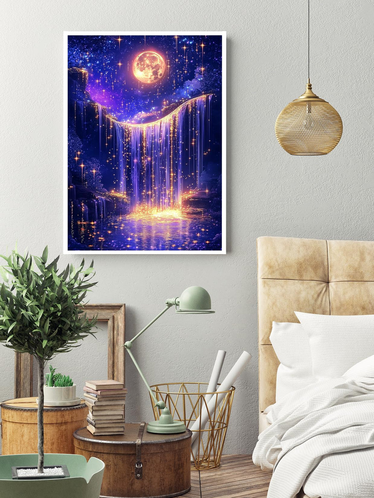 KINPLUB Moonlight Waterfall Diamond Art Kits for Adults Beginners, Moon 5D Diamond Painting Kits for Adults, DIY Full Drill Round Landscape Diamond Dots, Home Wall Decor 12x16 Inch KINPLUB