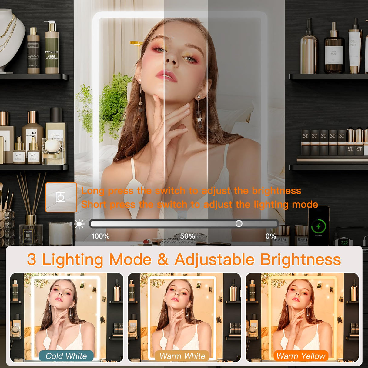 Quimoo 65.9" Vanity Desk with LED Lighted Mirror & Power Outlet, Modern Corner Makeup Vanity Table with 8 Drawers & Open Shelves, Dressing Table for Bedroom, Makeup Room Quimoo