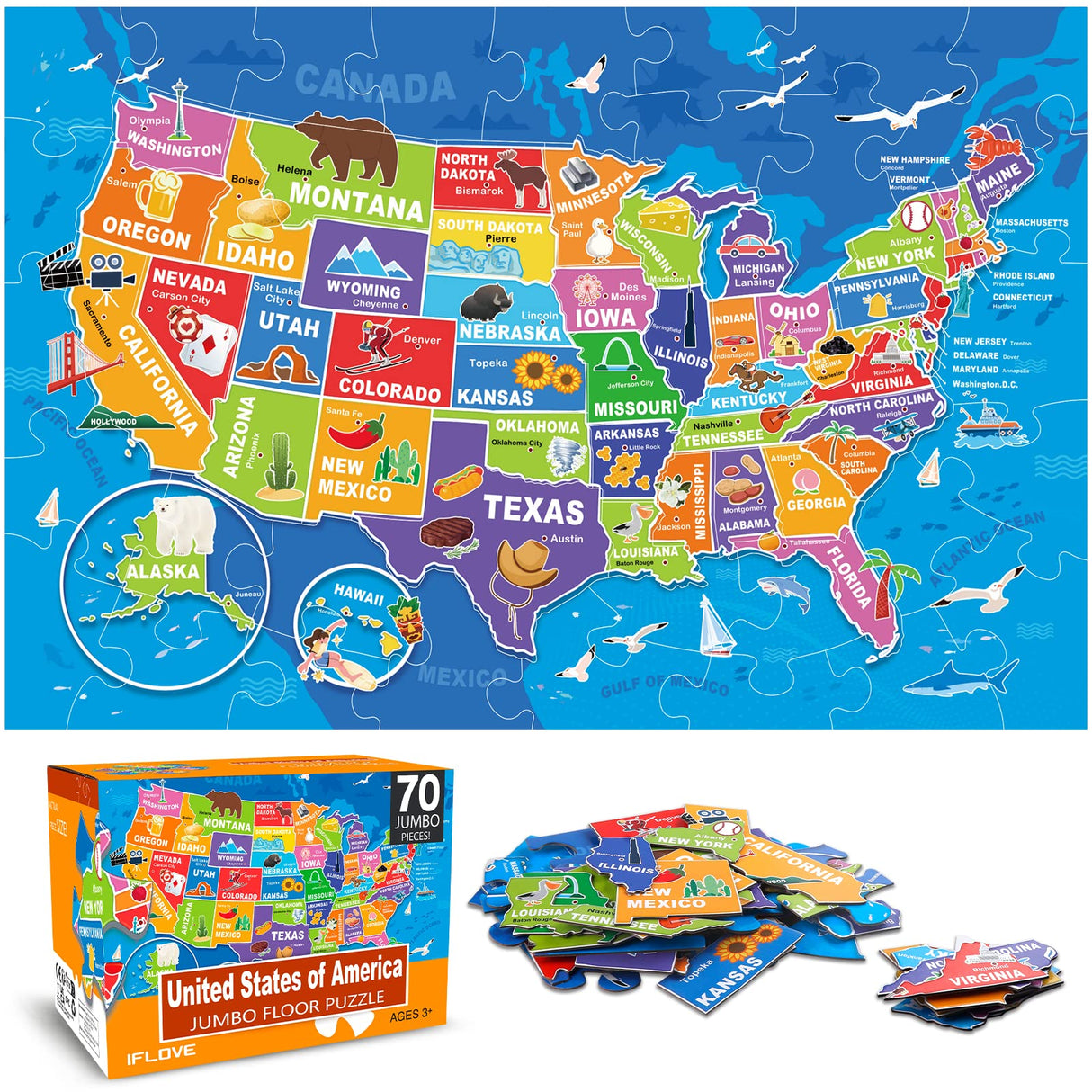 Jumbo Floor Puzzle for Kids,USA Map Puzzle Jigsaw Geography Puzzles,70 Piece US Map Puzzle 50 States with Capitals,United States Puzzle for Ages 3-5,Preschool Learning Toys Gift for 4-8 Years Old IFLOVE