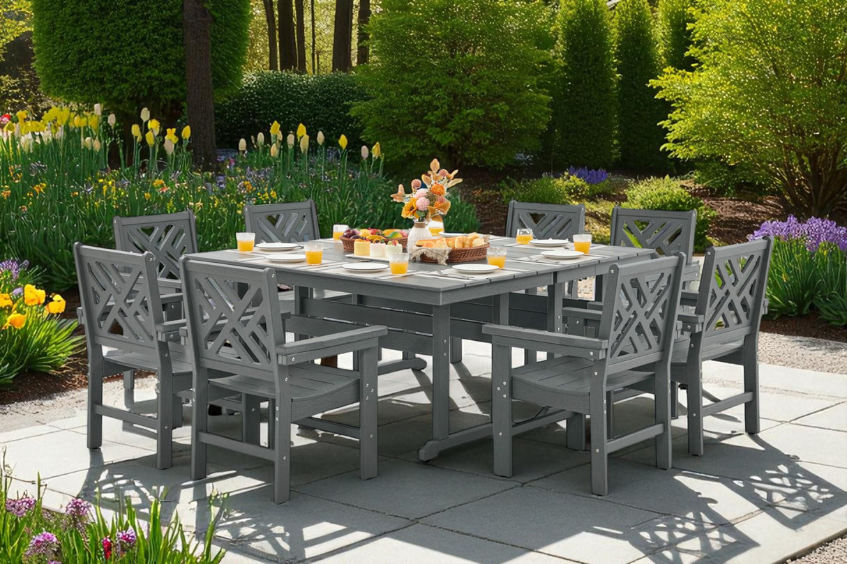 HDPE Outdoor Dining Set,10-Piece Outdoor Table and Chairs Include 8 Dining Chairs and 2 Pcs 62.5" Patio Dining Table with Umbrella Hole (Gray) AZXZCS