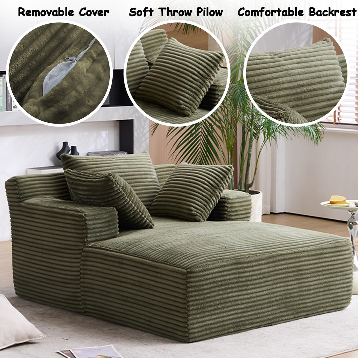 HRVEOCEI 49" Chaise Lounge Indoor, Oversized Chaise Lounge Chair with 3 Comfy Pillows for Living Room Bedroom, Wide Arms Corduroy Fabric High-Density Foam No Assembly Required (Sage Green) HRVEOCEI