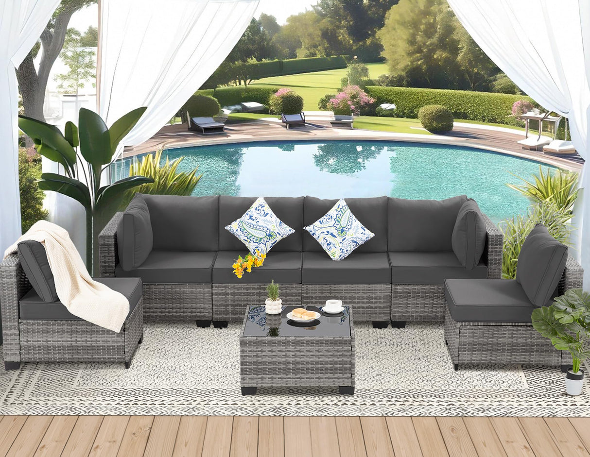 FHFO 7 Pieces Outdoor Patio Furniture Set, Outdoor Conversation Sets Wicker Sectional Couch Rattan Sofa with Thick Cushions & Coffee Table for Garden, Balcony, Backyard, Grey-Grey FHFO