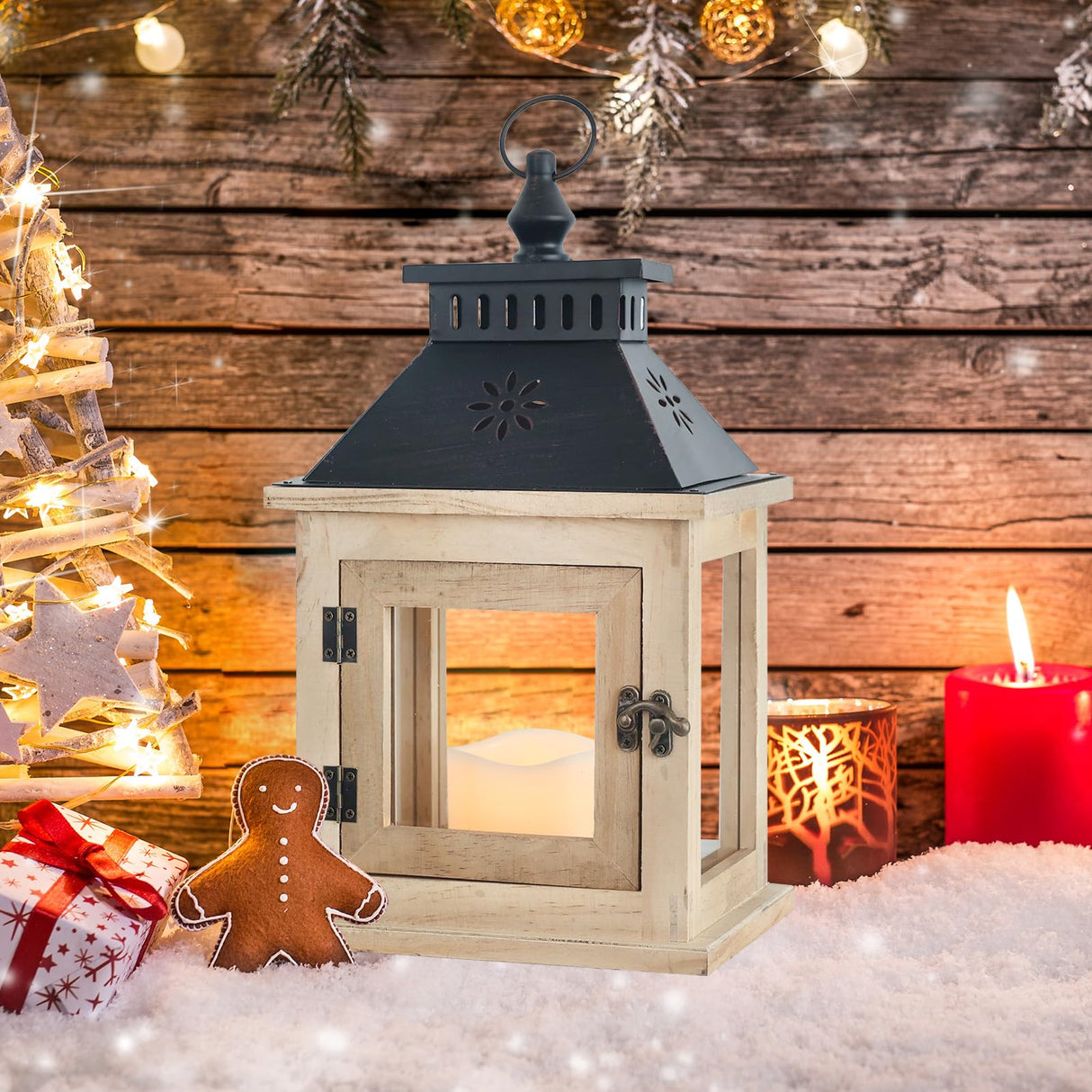 NEEDOMO 13" Farmhouse Decor Wooden Candle Lantern Indoor, Large Table Centerpiece Lanterns Decorative Outdoor, Hanging Rustic Candle Holders for Shelf Wedding Living Room Patio NEEDOMO