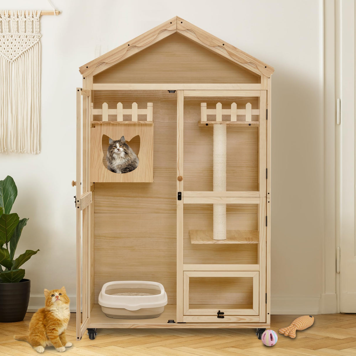 MCombo Wooden Cat House for Indoor Cats, Cat Villa with Cat Entrance, Cat Catio with Lockable Doors & Wheels, CT291 MCombo