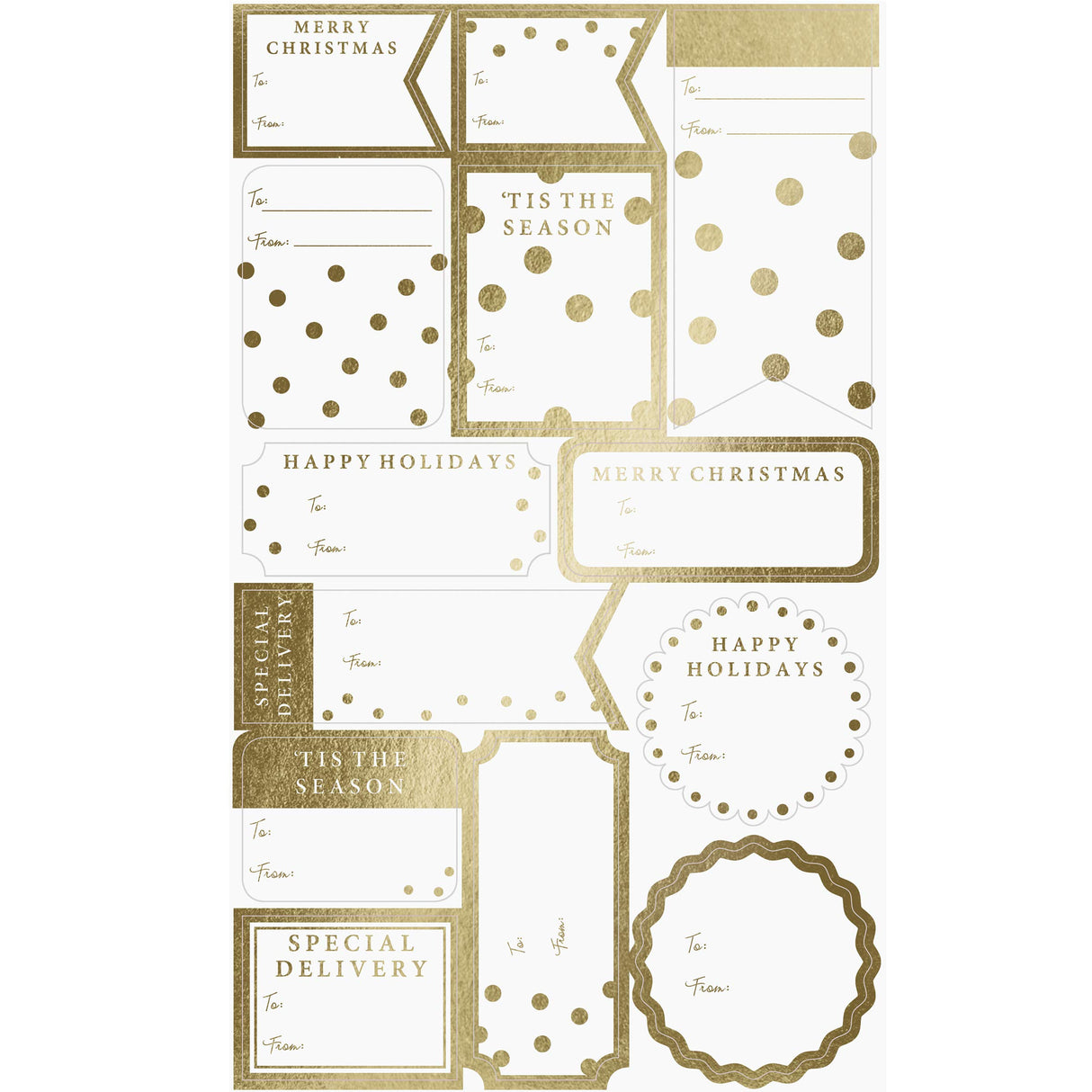 Graphique Shimmering White Gift Labels | 52 Self-Adhesive Christmas Stickers | 13 Designs with Gold Foil Accents | to and from Names | for Holiday Wrapping Paper & Gift Bags Graphique