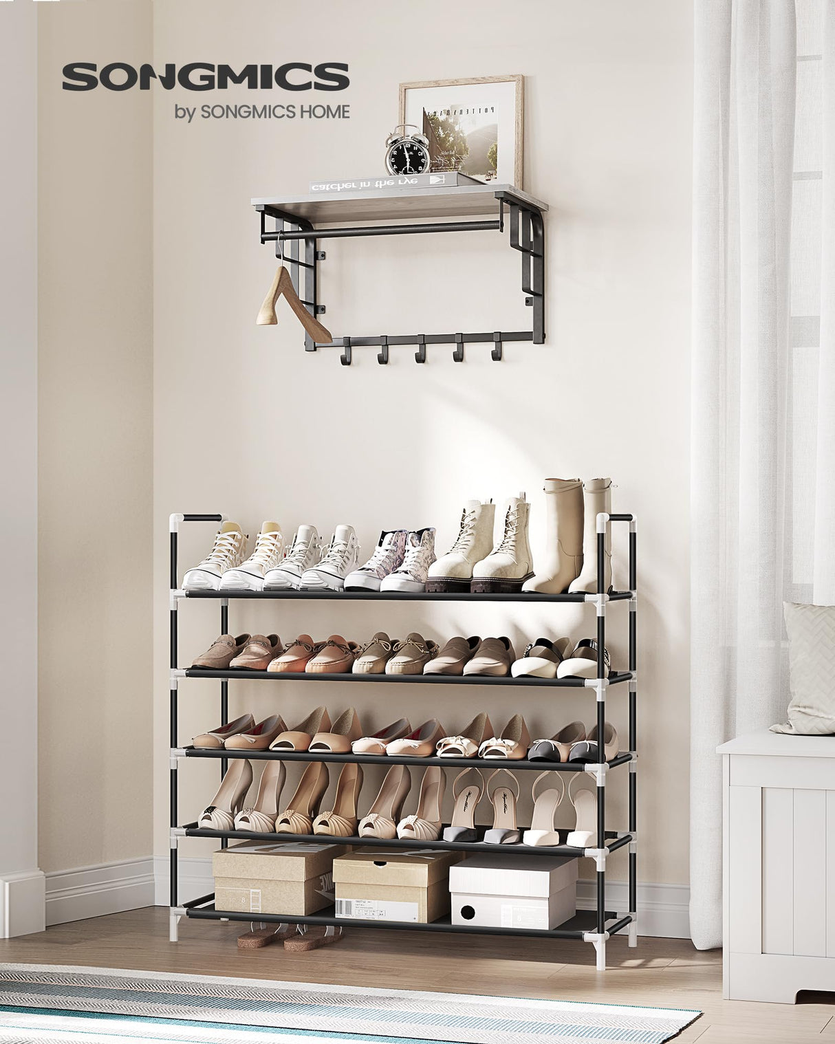 SONGMICS 5-Tier Shoe Rack, Shoe Storage for Hallway Closet, Slim and Space-Saving, Metal Frame, Non-Woven Fabric Shelves, Black ULSH55H SONGMICS