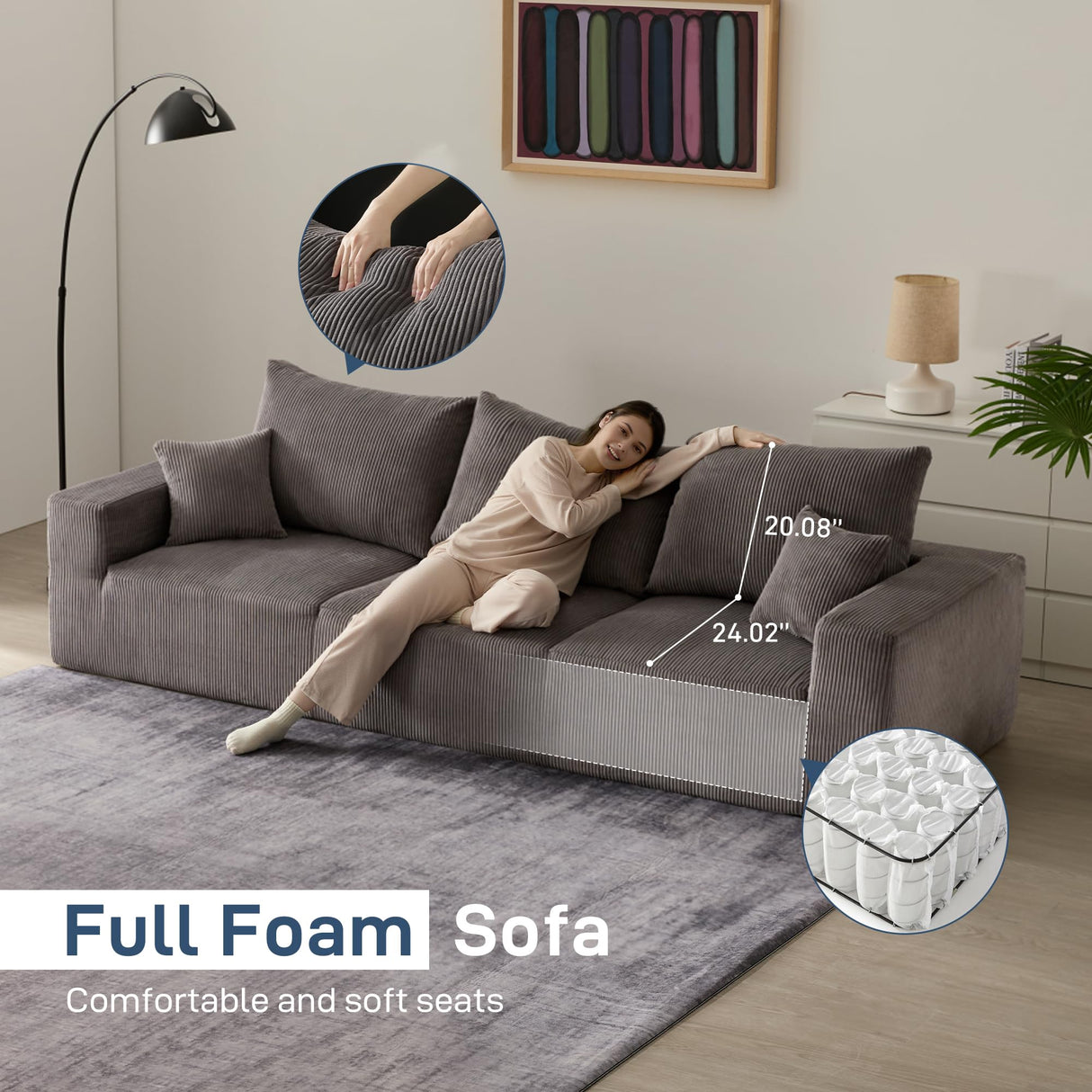 Sectional Modern Sleeper Sofa Couches for Living Room-113'' Grey 3 Seater L-Shaped Lounge Cloud Couch-No Assembly Modular Corduroy Convertible Sponge Compression Sofas with Chaise for Home House Living&Giving