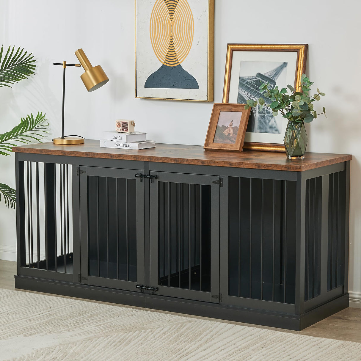 70.9'' Double Dog Crate Furniture, Furniture Style Dog Crate Table, Wood Crates for Dogs Kennel Indoor with Removable Divider, XXL Heavy Duty Decorative Dog Crate Table for 2 Dogs (Black) MAOVUIO