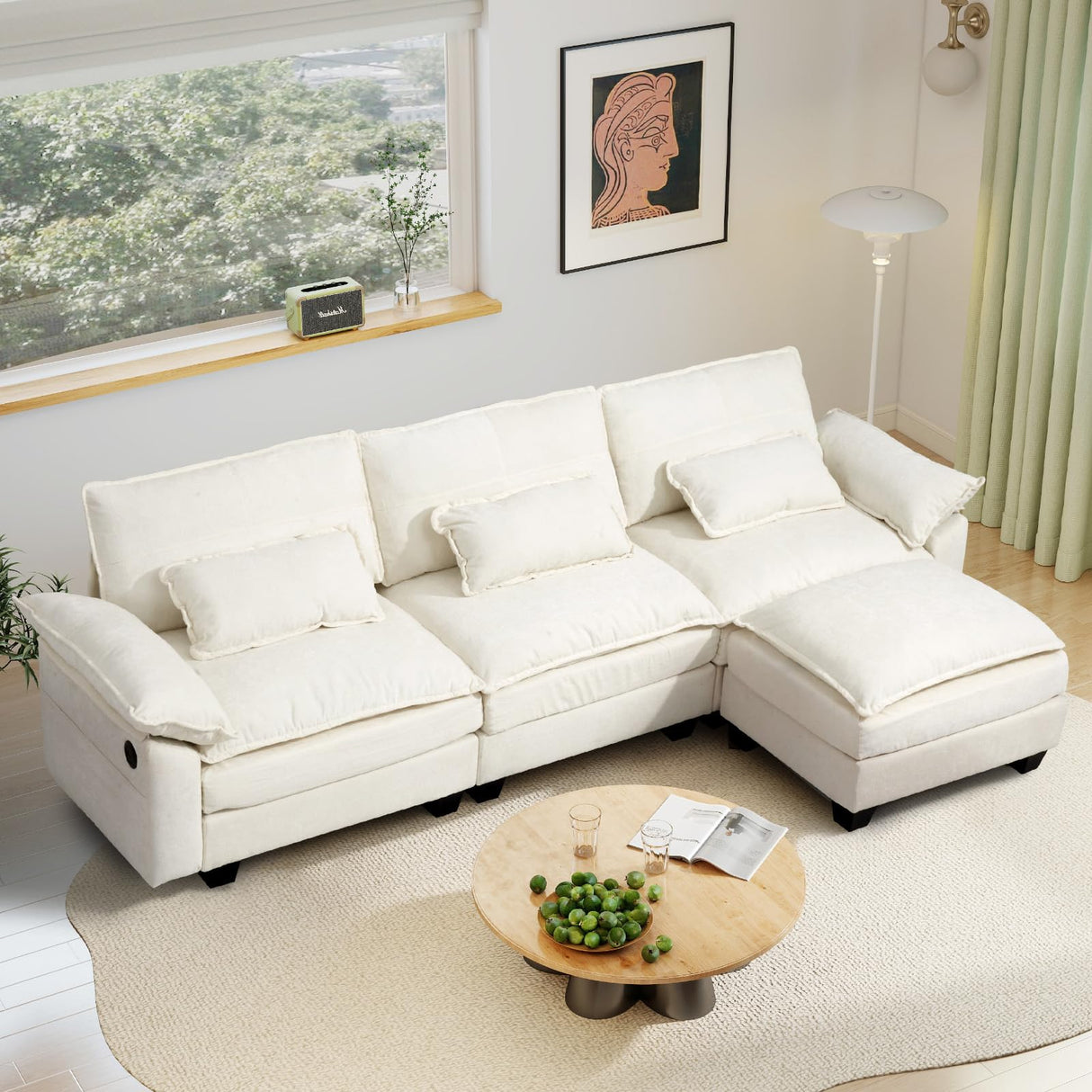 Mvpipi 108" Modular Sectional Sofa, Comfy Cloud Couch with Ottoman & USB Port for Living Room, L Shaped Modern Chenille Couches with Throw Pillows for Bedroom, Apartment, White Mvpipi